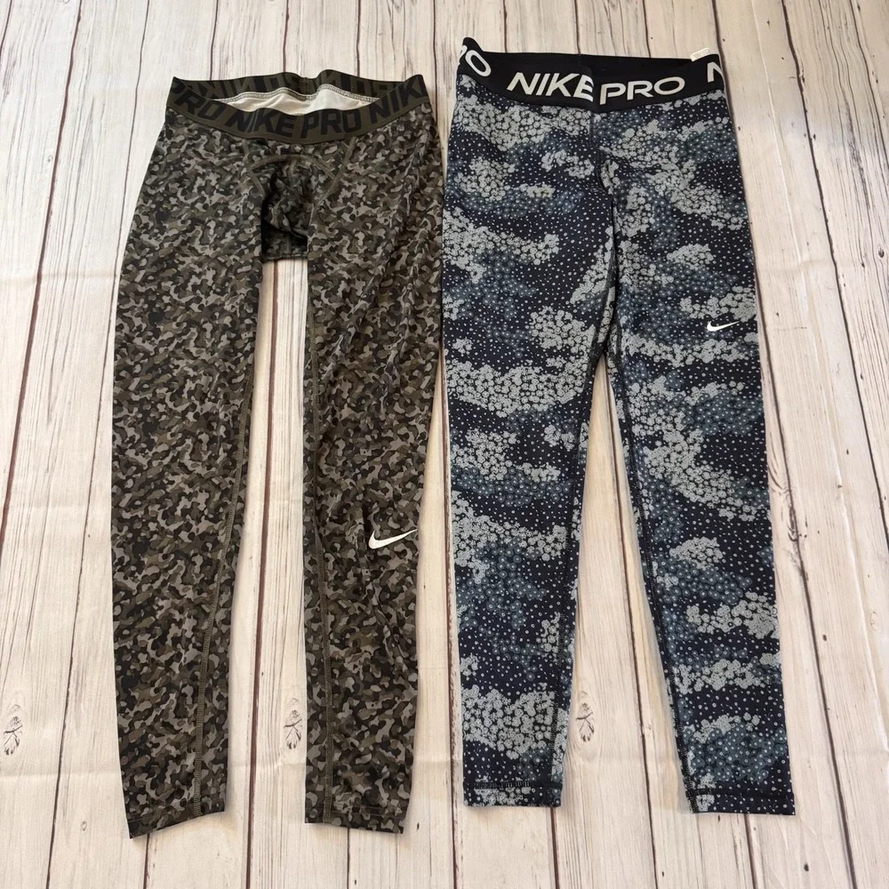 Nike Pro Dri-Fit Compression Leggings Lot 2 M Floral & Camo Athletic Gym